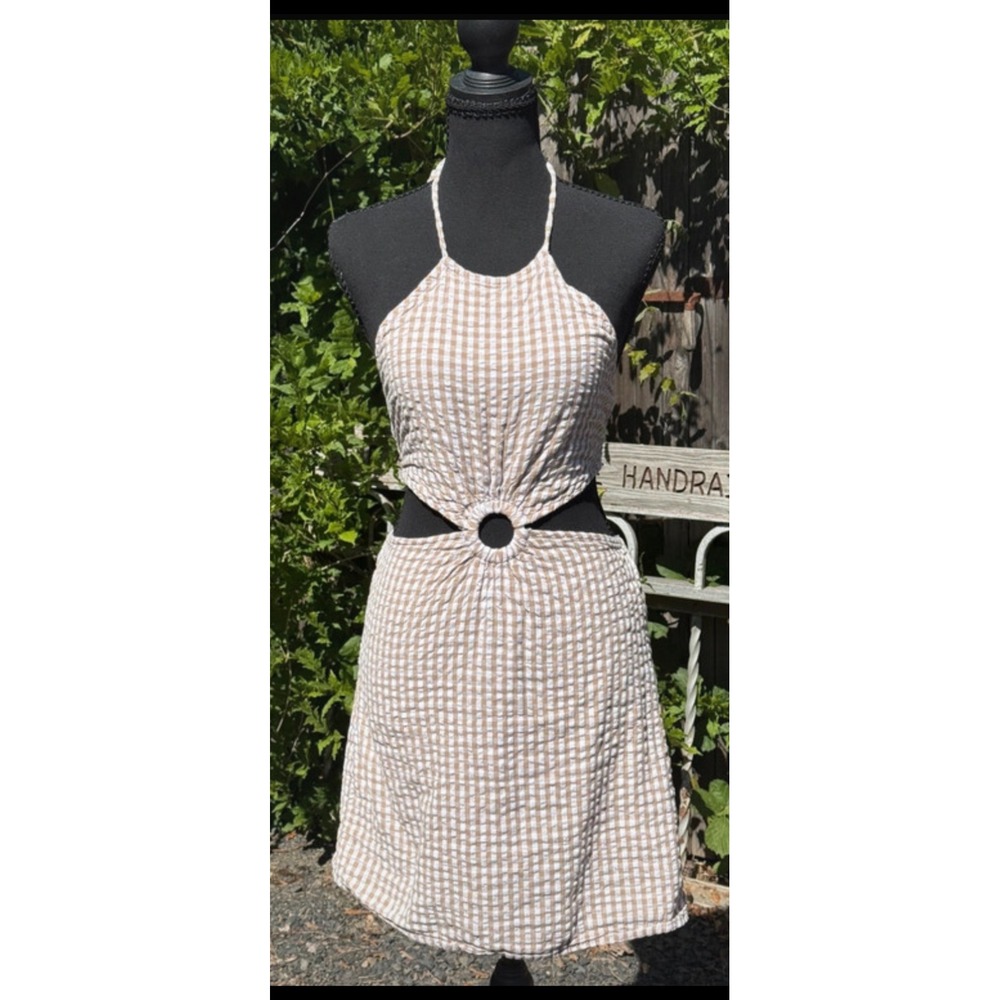 Sim & Sam Tan Gingham Halter Cutout O-Ring Mini Dress Smocked Back Womens
